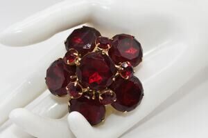 Vintage Red Rhinestone Flower Brooch Gold Tone Domed 2.25 Inch